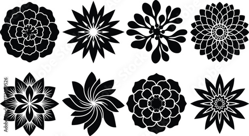 Floral Flower Silhouette Collection with Decorative Botanical Bloom and Mandala Inspired Vector Designs