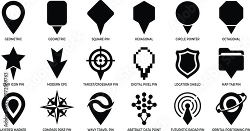 Geometric Location Pin Silhouette Collection with GPS Navigation Map Compass Target and Futuristic Marker Icons
