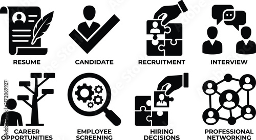 Human Resources Recruitment and Hiring Silhouette Collection with Resume Interview Candidate Screening and Networking Icons