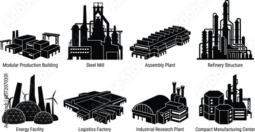 Industrial facility and manufacturing plant silhouettes collection featuring steel mills, refineries, assembly plants and energy facilities