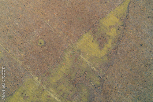 Dry vegetation texture on arid soil terrain, abstract natural background aerial view shot