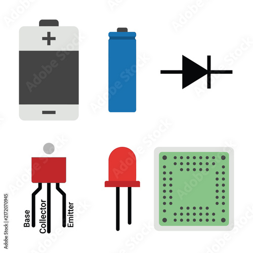 Quadro su tela Collection of electronic components icons including battery, diode, transistor,