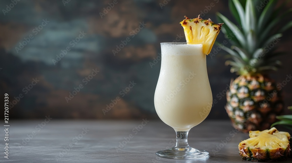 Naklejka premium Delicious Pina Colada served with fresh pineapple, perfect for a tropical escape.