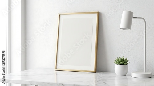 Elegant Goldframe Mockup on a Modern White Marble Table with a Desk Lamp and a Succulent
