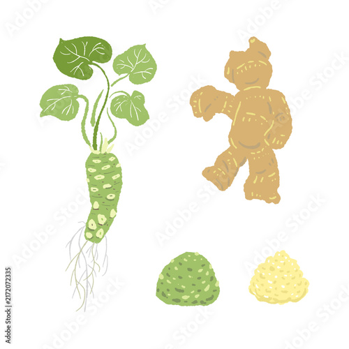Fresh Wasabi and Ginger Roots with Leaves and Grated Paste