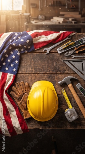 A collection of labor day symbols including an American flag, a hard hat, work gloves, and various tools are arranged on a rustic wooden surface, evoking a sense of craftsmanship and patriotism.