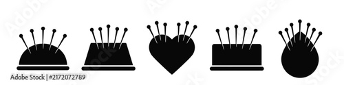 Bild auf Leinwand Pincushion silhouette icons, sewing needle cushion set of 5, black tailor equipm