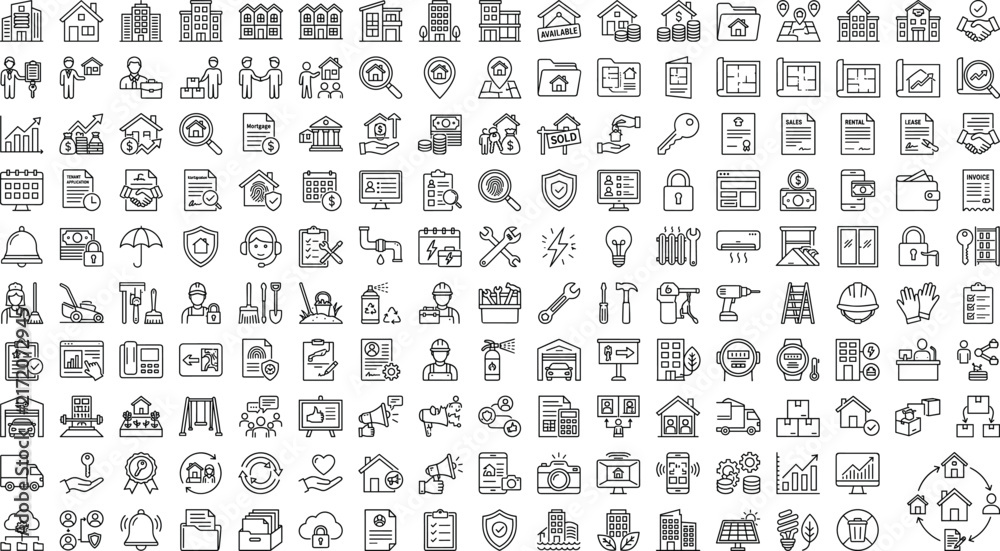 Obraz premium Property management and construction icon set featuring real estate, buildings, home services, renovation, architecture, maintenance, security and urban development