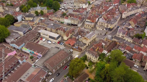 A slow flight over the Somerset town of Frome showing the town centre