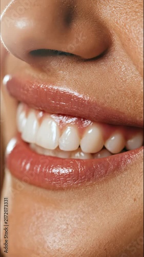 Close-up of a woman's perfect white teeth and glossy lips smiling