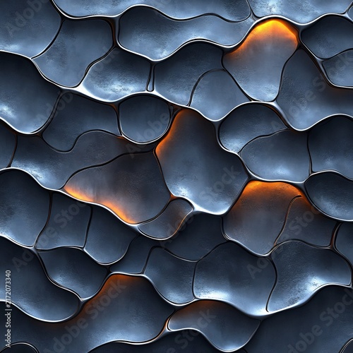 Geometric pattern of interlocking dark metallic plates with glowing orange light emerging from gaps