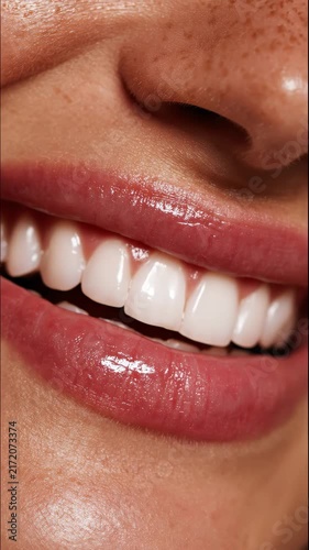 Close-up of a woman's perfect white teeth and glossy lips smiling