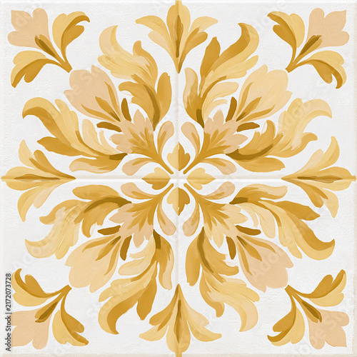 Canvastavla Intricate golden floral scrollwork creating a symmetrical baroque pattern, ideal