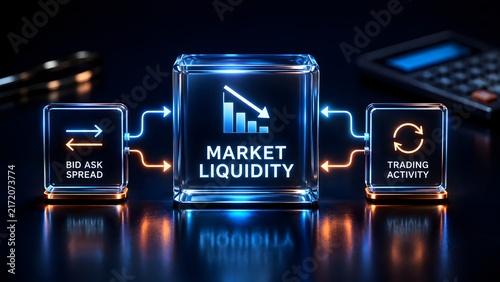 Glowing glass digital interface blocks displaying market liquidity bid ask spread and trading activity representing financial market metrics and investment analysis