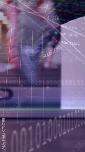 Animation of graphs and world map over football player on stadium