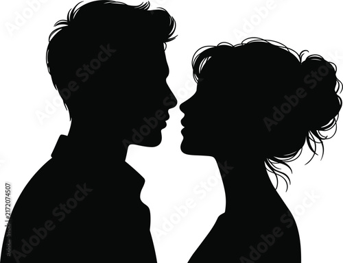Canvas Print Black silhouette profile of a young couple facing each other, intimate romantic