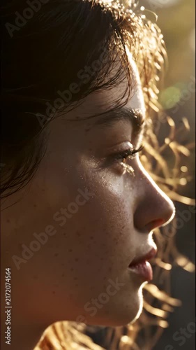 Close-up macro shot of a human eye with freckles and sunlit skin texture