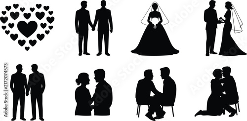 Bild auf Leinwand Black silhouettes of wedding couples, including a bride with a veil and a heart