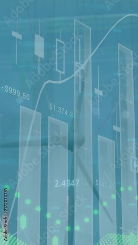 This animation shows financial data and graphs changing on a black background