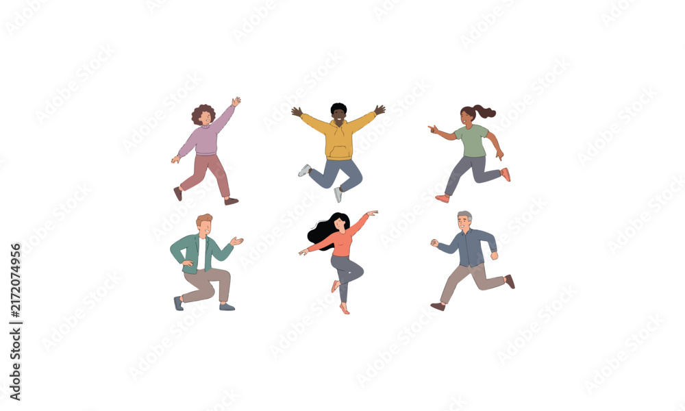 Obraz premium Diverse people jumping and running characters set isolated