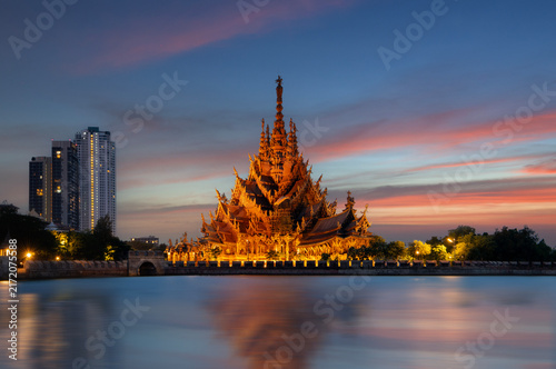 Beautiful scenery  sunset at Sanctuary of Truth. The Wood museum is an all-wood building filled located in Pattaya Thailand.