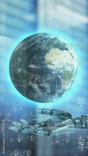 Animation of globe, robot's arm, data processing over computer servers