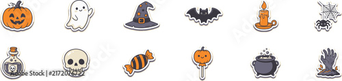 A collection of colorful hand drawn stickers featuring every essential haloween icon for festive seasonal holiday design projects