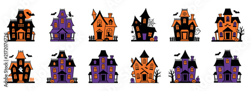 A collection of colorful haunted house designs serving as a festive haloween icon set for holiday graphic projects