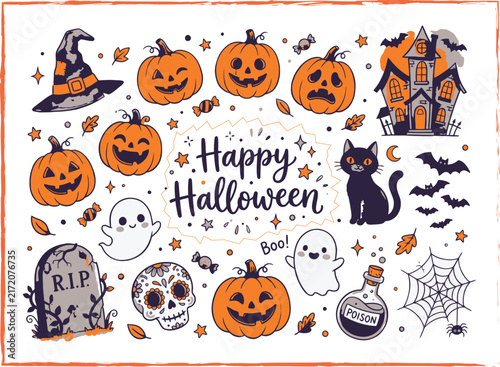 A festive collection of hand drawn elements featuring a cute haloween icon set for holiday seasonal design projects