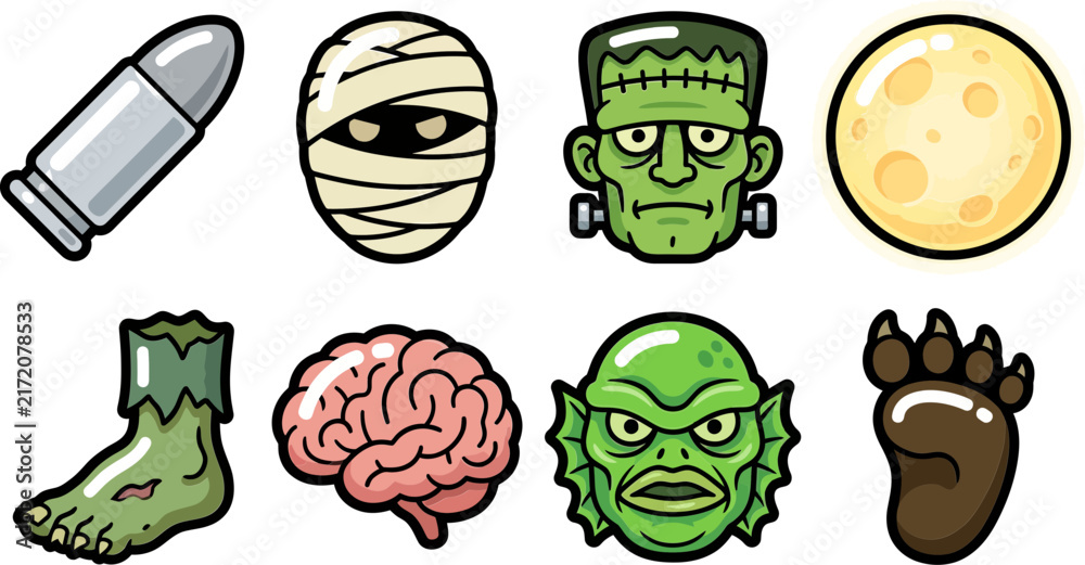 Fototapeta premium Set of Halloween Monster and Horror Cartoon Icons on White Background