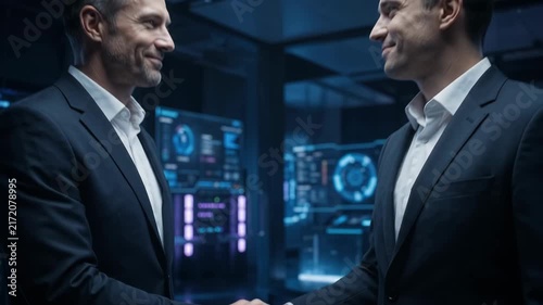 Businessmen shaking hands with digital circuit hologram in server room