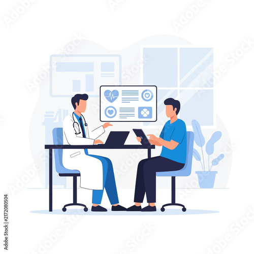 Doctor Consulting Patient With Health Data Displayed On Screen