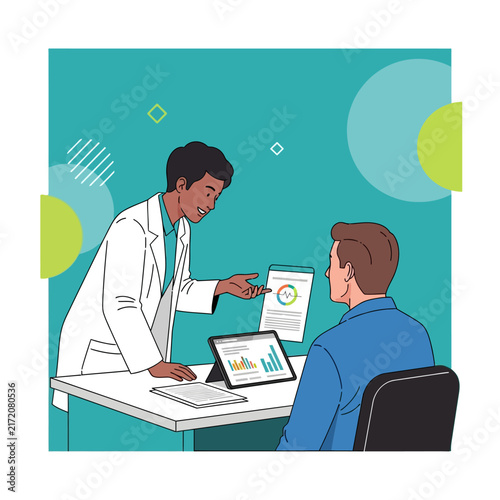 Doctor Consulting Patient With Health Data On Tablet And Document