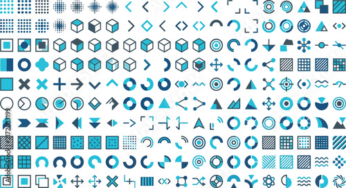 Abstract geometric icons set, blue technical UI elements vector, modern data visualization symbols for dashboard design