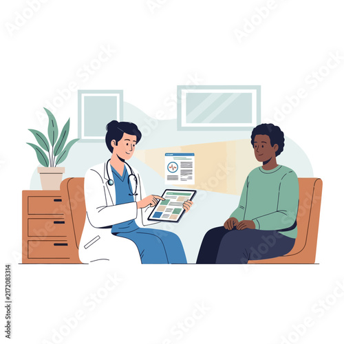 Doctor Consulting Patient In Medical Office With Digital Tablet And Plant