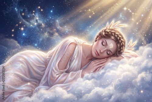 A serene celestial goddess embodying the Virgo zodiac sign dreaming peacefully upon a bed of glowing clouds.