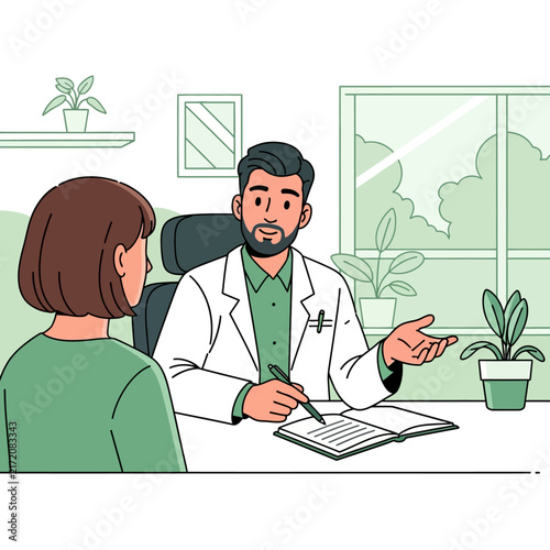 Doctor Consulting Patient In Medical Office With Greenery Decor