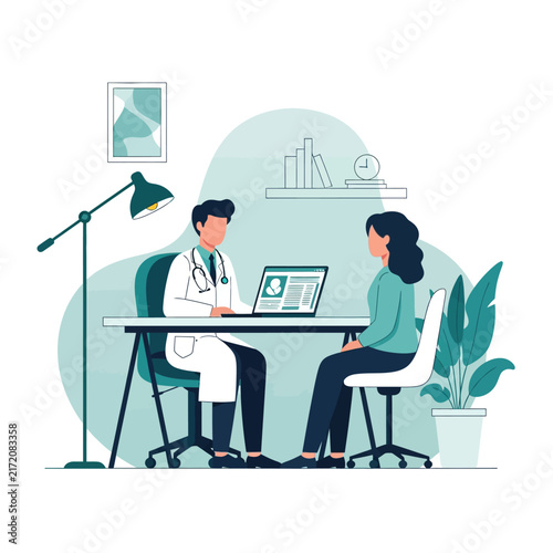 Doctor Consulting Patient In Medical Office With Laptop And Plant Decor