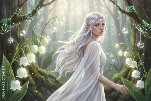 A graceful white haired elf woman walking through an enchanted forest filled with giant lily flowers.