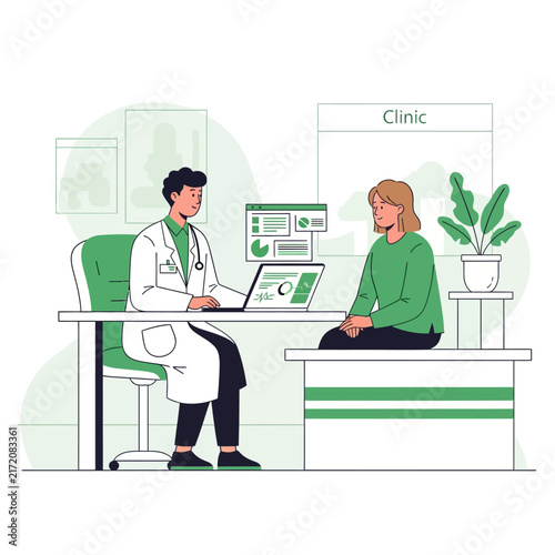 Doctor Consulting Patient In Modern Clinic With Digital Health Records And Technology