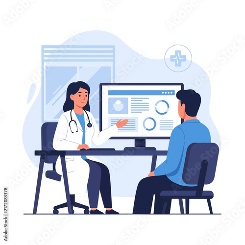 Doctor Consulting Patient In Modern Clinic With Digital Health Data Displayed On Computer Screen