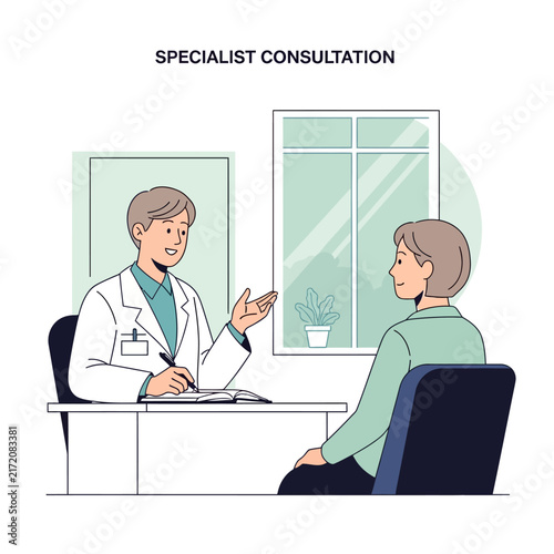 Doctor Consulting Patient In Minimalist Medical Office Consultation Space