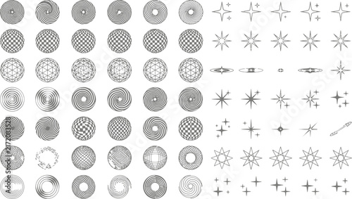 Retro futuristic y2k shapes collection, 70 geometric star and circle vector elements, chrome wireframe and sparkle icons set