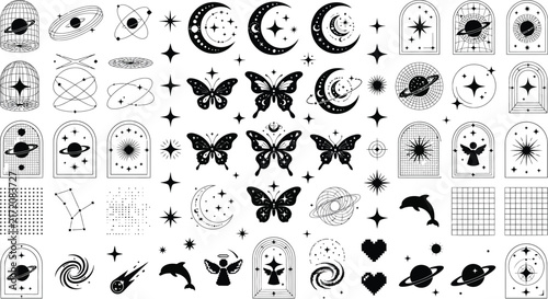 Mystical celestial vector icons set, black celestial butterfly and moon graphics, esoteric astrology symbols for branding