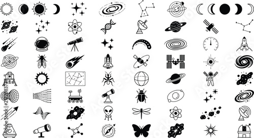 Minimalist space icons set, black celestial vector symbols, astronomy and science graphics collection, 60 astronomy line art elements