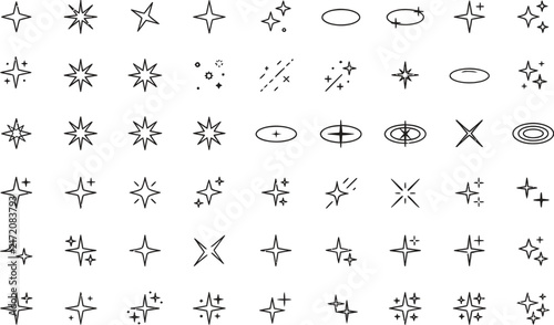 Minimalist sparkle icon set, black line star and twinkle vector elements, decorative glint and shine symbols for graphic design