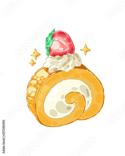Cute anime-style Japanese strawberry cream swiss roll cake vector illustration with star sparkles. Fresh dessert icon isolated on white background