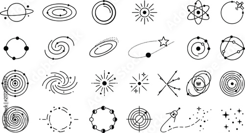 Minimalist space icons set, black line art galaxy and planet symbols, 24 astronomy vector elements for science education and UI design
