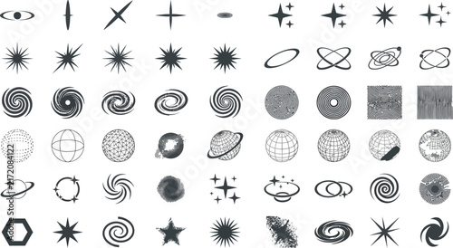 Retro futuristic space icons set, 60 black celestial vector elements, y2k aesthetic stars and planets, cosmic graphic design assets