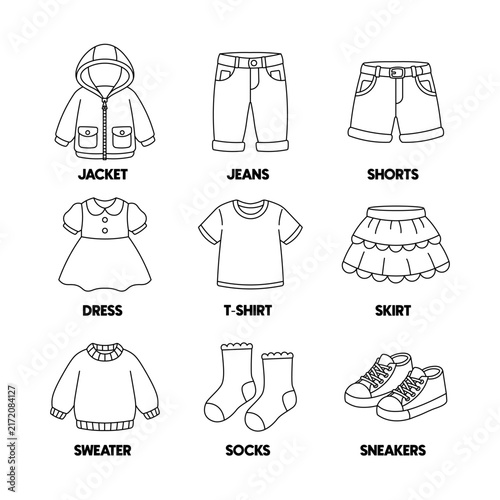 Kids Clothing Vocabulary Worksheet with Cute Clothes Outline Icons